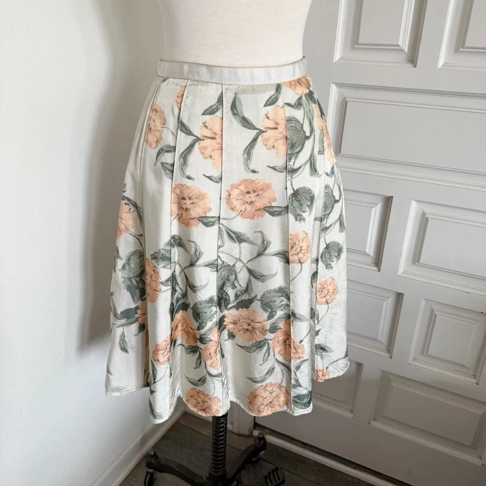 MNG Mango Peach & Green Floral Cream A-line Skirt Size 8